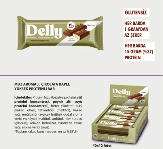DELLY ÇİKOLATA KAPLI YÜKSEK PROTEİNLİ BAR - MUZ AROMALI (12 ADET)