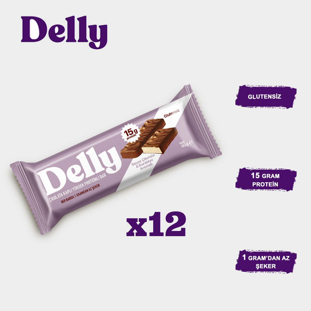 DELLY ÇİKOLATA KAPLI YÜKSEK PROTEİNLİ BAR - BEYAZ ÇİKOLATA & KURABİYE AROMALI (12 ADET)
