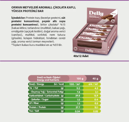 DELLY ÇİKOLATA KAPLI YÜKSEK PROTEİNLİ BAR - ORMAN MEYVELERİ AROMALI (12 ADET)